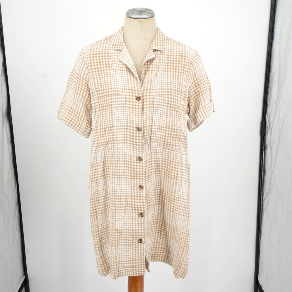 Everlane Shirt Dress Womens S Tan Gingham Linen Short Sleeve Notched Collar Mini